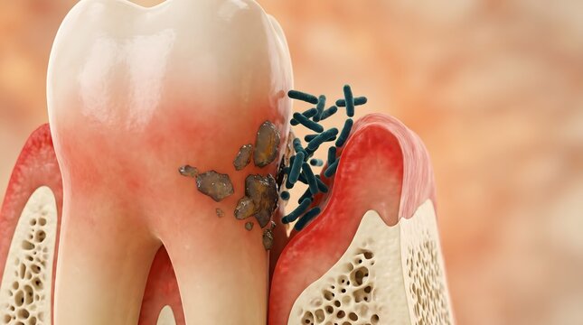 Cross section view of tooth showing bacterial infection and decay damage