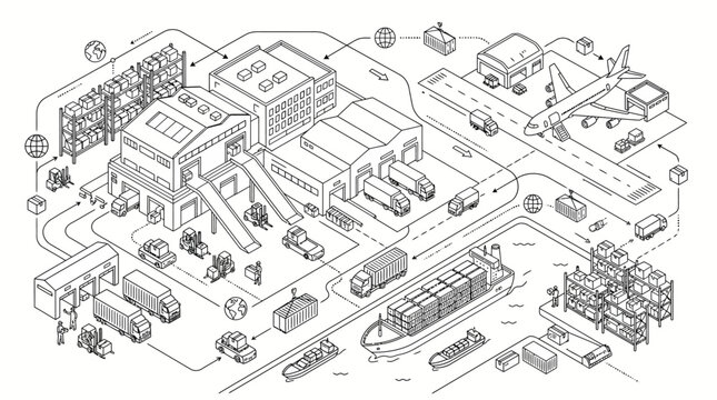 Isometric line art illustration of a global supply chain and logistics network with factories, warehouses, and various modes of transport.