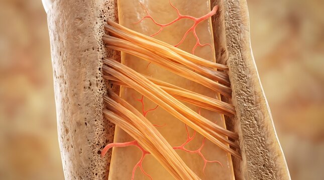 Cross section of tooth root showing collagen fiber bundle and blood vessel network
