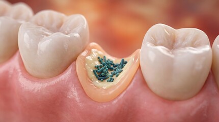Fototapeta premium Bacterial infection in gum tissue showing blue bacteria colony between tooth and gum margin