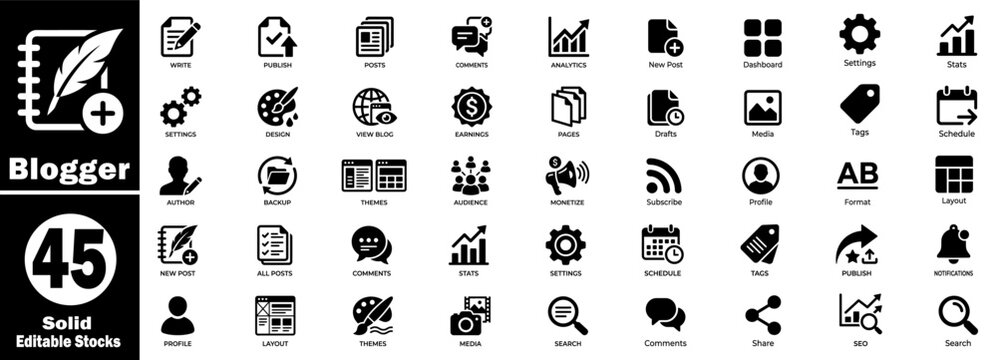 Blogger solid icons set. Modern and creative design adaptable for any purpose of your project or business.