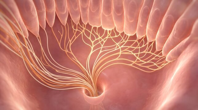 Dental pulp nerve fiber branching inside tooth root canal in pink biological anatomy