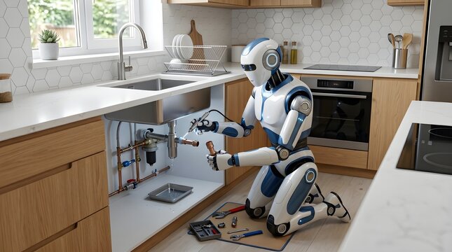 Robot plumber working on pipes under a kitchen sink with tools android humanoid