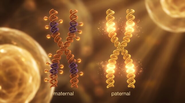 Maternal and paternal chromosome pair comparison with glowing DNA helix structure