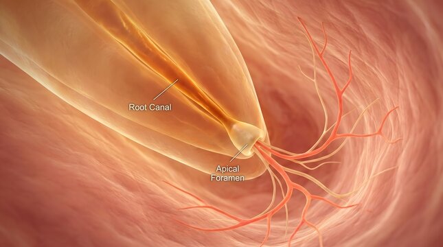 Root canal cross section showing apical foramen with nerve fiber spreading into tissue