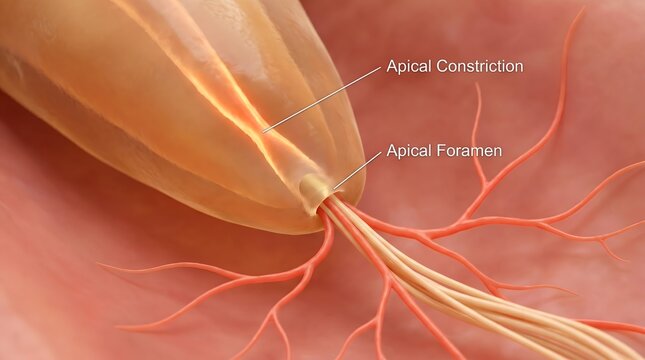 Dental root tip showing apical constriction and foramen with spreading nerve bundle