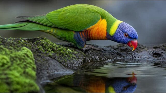 A vibrant rainbow lorikeet is perched on a mossy rock as it dips its beak into a calm pool of water, creating delicate ripples while its colorful plumage reflects perfectly on the surface.
