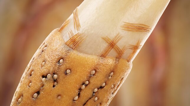 Extreme close up of parasitic worm body surface showing pore texture and crossing bristle fiber
