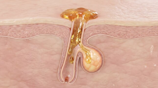 Cross section of skin showing sebaceous gland with golden sebum secretion flowing upward