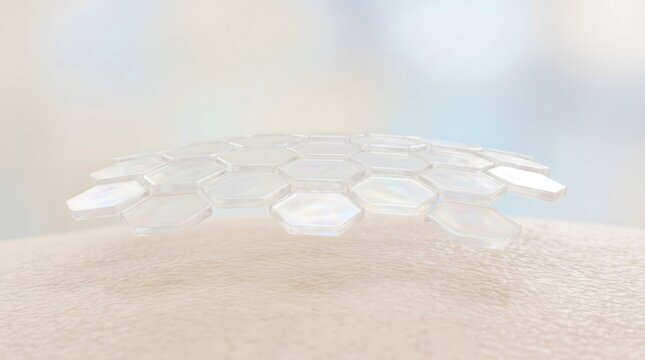 Hexagonal transparent cell tile arranged on skin surface showing protective barrier structure