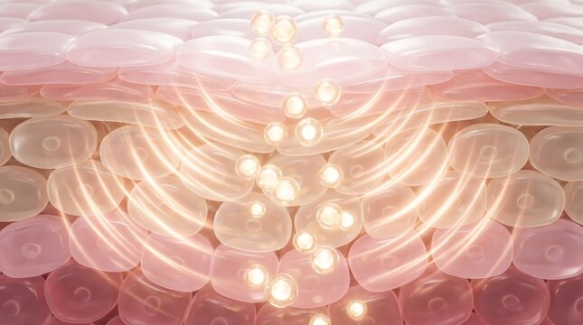 Layered skin cell structure glowing from within showing wave and light penetration through dermis layer