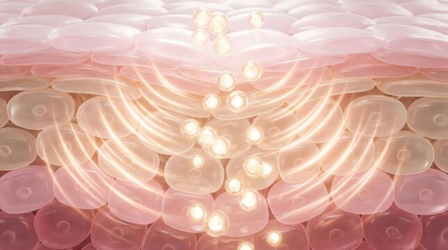 Layered skin cell structure glowing from within showing energy wave and light signal through dermis