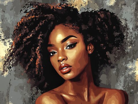 A vector image shows a beautiful African American girl in an oil painting style. It's perfect for printing on things like fabric, paper, posters, t-shirts, or for decorating your home.
