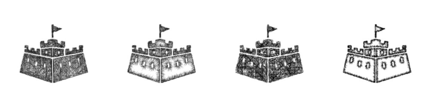 Monochrome sketch bastion icon design set
