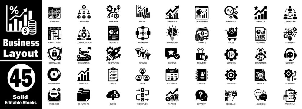 Business layout solid icons. Modern and creative design adaptable for any purpose of your project or business.