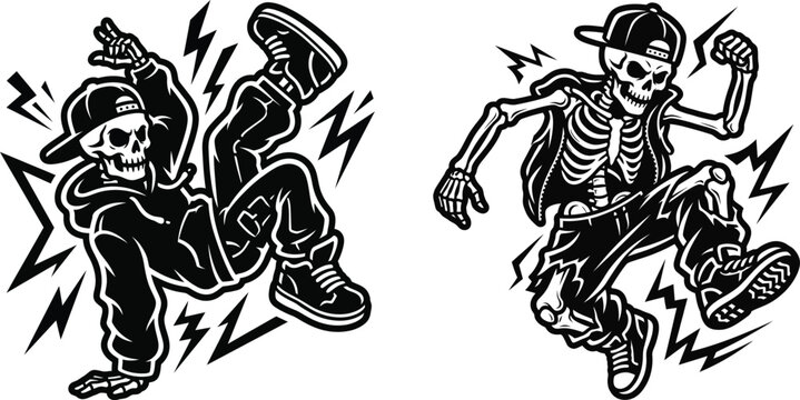 Dancing Skeleton Mascot Street Style Black and White Vector Illustration Set
