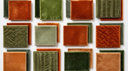 Naklejka premium High key studio shot of velvet textile squares in various green and orange tones, arranged in a clean grid for interior design inspiration and luxury upholstery material concepts.