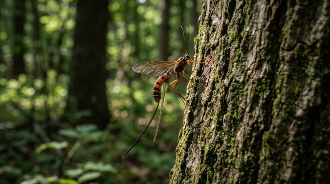 Ichneumon wasp resting on a rough tree trunk in the forest. Macro close-up of a parasitic insect with a long ovipositor. Concept of biodiversity, wildlife and entomology studies.