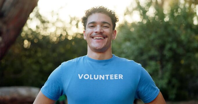 Man, volunteer or face in nature with confidence, NGO about us or pride for community service. Happy, helper or outdoor in portrait for social responsibility, environment care or go green project