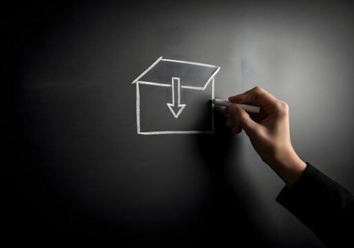 Hand drawing a simple house sketch with an arrow pointing down on a chalkboard