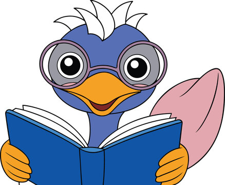 Cute Nerd Ostrich Studying with Book on Isolated Background, Cartoon Animal Character for Learning, Knowledge and Education Theme