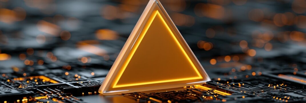 Glowing golden triangle on electronic circuit board background for futuristic technology banner and wallpaper with neon cyberpunk lighting and abstract minimal design