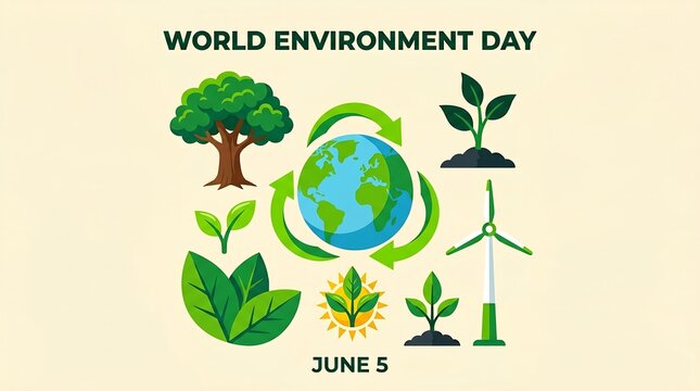 World Environment Day June 5 flat illustration set, eco friendly icons with earth globe and recycling arrows, green nature conservation elements