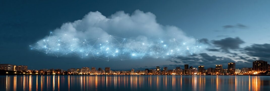 City skyline at night with illuminated connected cloud network above water for technology banner and cloud computing background