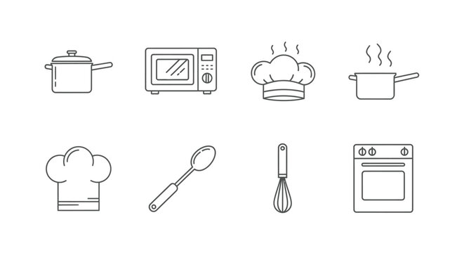 Modern cooking and kitchen hardware icon set.