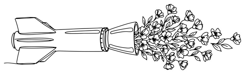 Fototapeta premium Rocket missile with flowers blooming from nose cone in continuous line art style