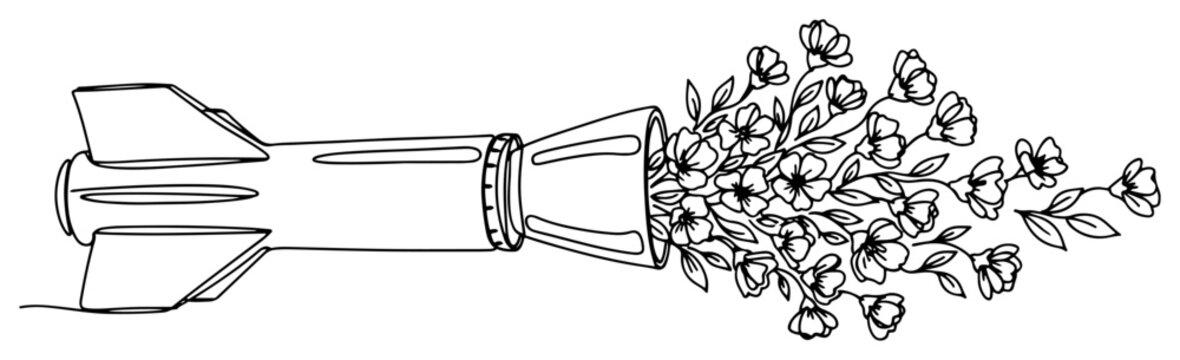 Rocket missile with flowers blooming from nose cone in continuous line art style