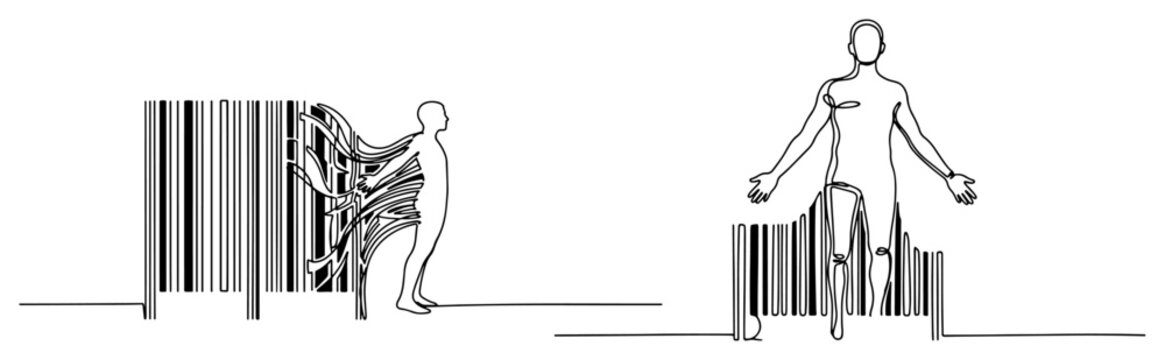 Human figure emerging from a barcode and turning into a product representing consumerism in one line art style