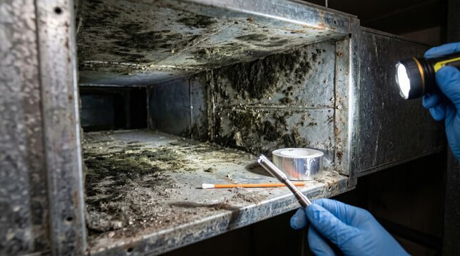 Inspector examining mold contamination inside ventilation air duct. Technician using flashlight and swab tool for air quality testing in building