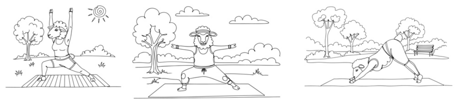 Sheep performing various yoga poses in a park landscape in continuous line art style