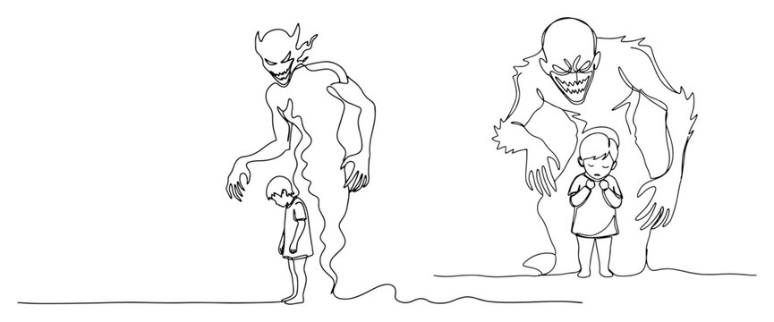 Small child standing in front of large scary monster representing trauma or fear in continuous line art style