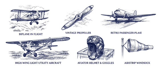 Vintage airplane sketch elements set featuring biplane, retro propeller, utility aircraft, aviator helmet with goggles, and airstrip windsock in retro classic hand-drawn engraved vector design style. © Dinali