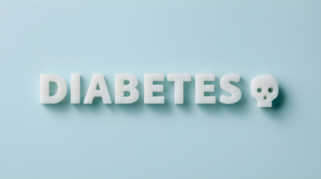Word diabetes spelled with sugar cubes and a skull shape on blue background. Concept of unhealthy diet, sugar addiction, metabolism disorder, and chronic disease and glucose awareness.