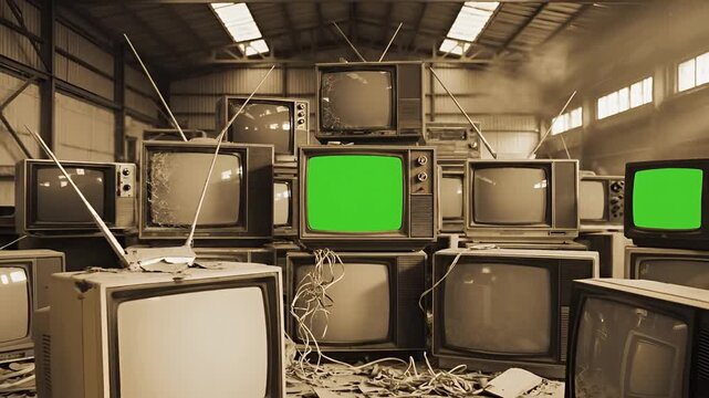 Vintage Television Stack with Green Screen Display.