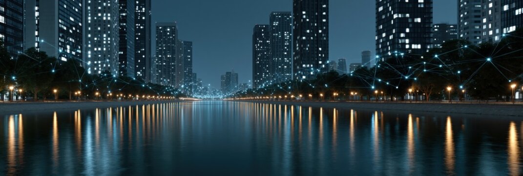 Nighttime urban skyline with river reflection and connected lights for smart city background and banner design