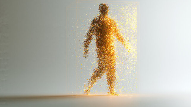 Humanity Fragmented: A full-body render of a person dissolving into a shower of luminous particles, symbolizing transformation or disintegration.