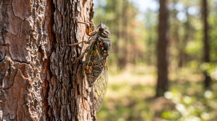 Fototapeta premium Cicada insect sitting on a pine tree bark. Macro shot of a winged bug in the wild forest. Nature wildlife scenery showing detail of exoskeleton and transparent wing in summer.