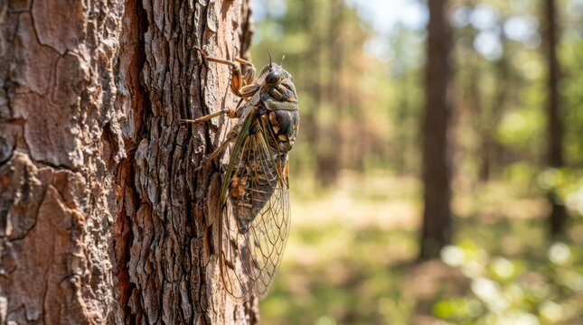 Cicada insect sitting on a pine tree bark. Macro shot of a winged bug in the wild forest. Nature wildlife scenery showing detail of exoskeleton and transparent wing in summer.