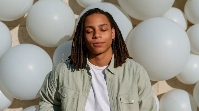 Relaxed woman with closed eyes in front of white balloon installation for wellness banner and mindful lifestyle design