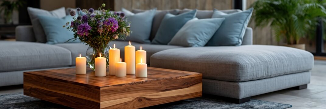Cozy living room wooden coffee table with lit candles and floral centerpiece for interior background and home decor banner