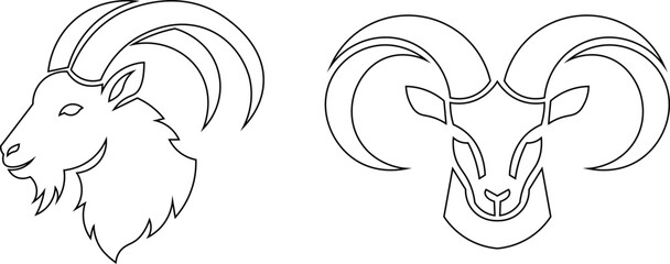 Fototapeta premium Goat Head Vector Icon Black Silhouette Mountain Ibex with Horns and Isolated Wilderness Mascot Logo Symbol