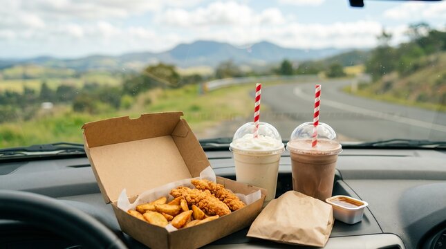 Road trip with takeaway fried chicken, potato wedges, milkshakes on sunny countryside drive. concept of travel snack, fast food, outdoor adventure