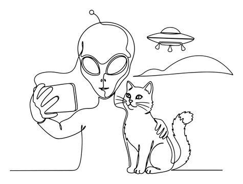 Alien taking selfie with cat and UFO in background in continuous line art style