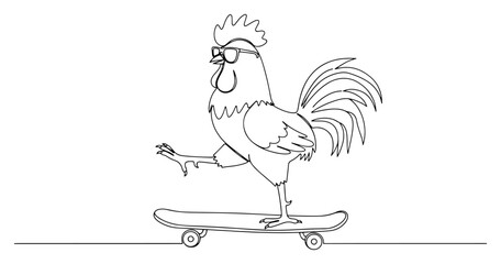 Rooster wearing sunglasses riding skateboard in continuous line art style © InsomniaVideo