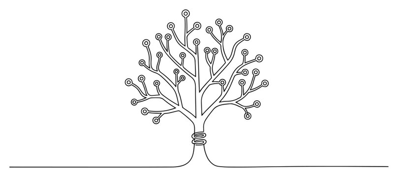 Technology tree with electronic circuit branches in continuous line art style
