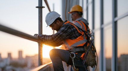 Fototapeta premium scaffold workers securing steel facade panels to a glass office tower exterior at golden hour, safety harnesses clipped to overhead rail systems, dust and sparks catching warm amber light, urban sky